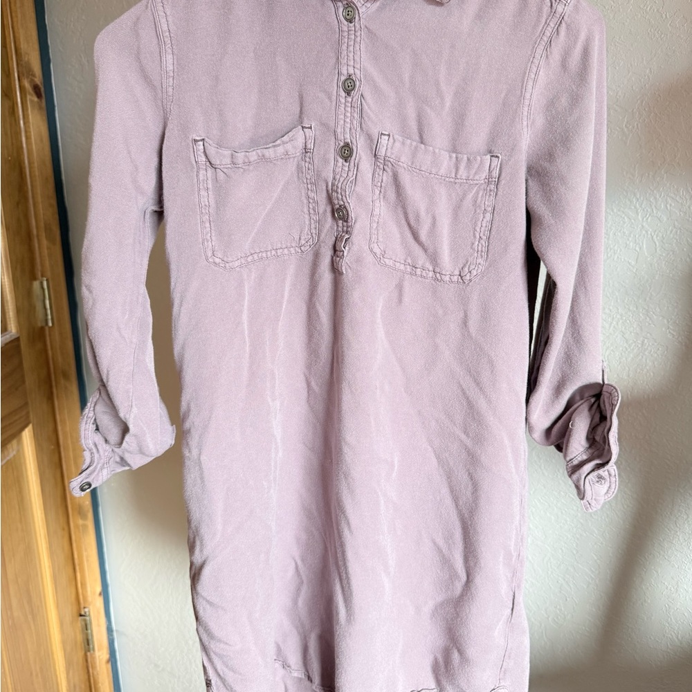 SO Shirt Dress XS Mauve Pink Button Front Tunic Roll Tab Sleeves